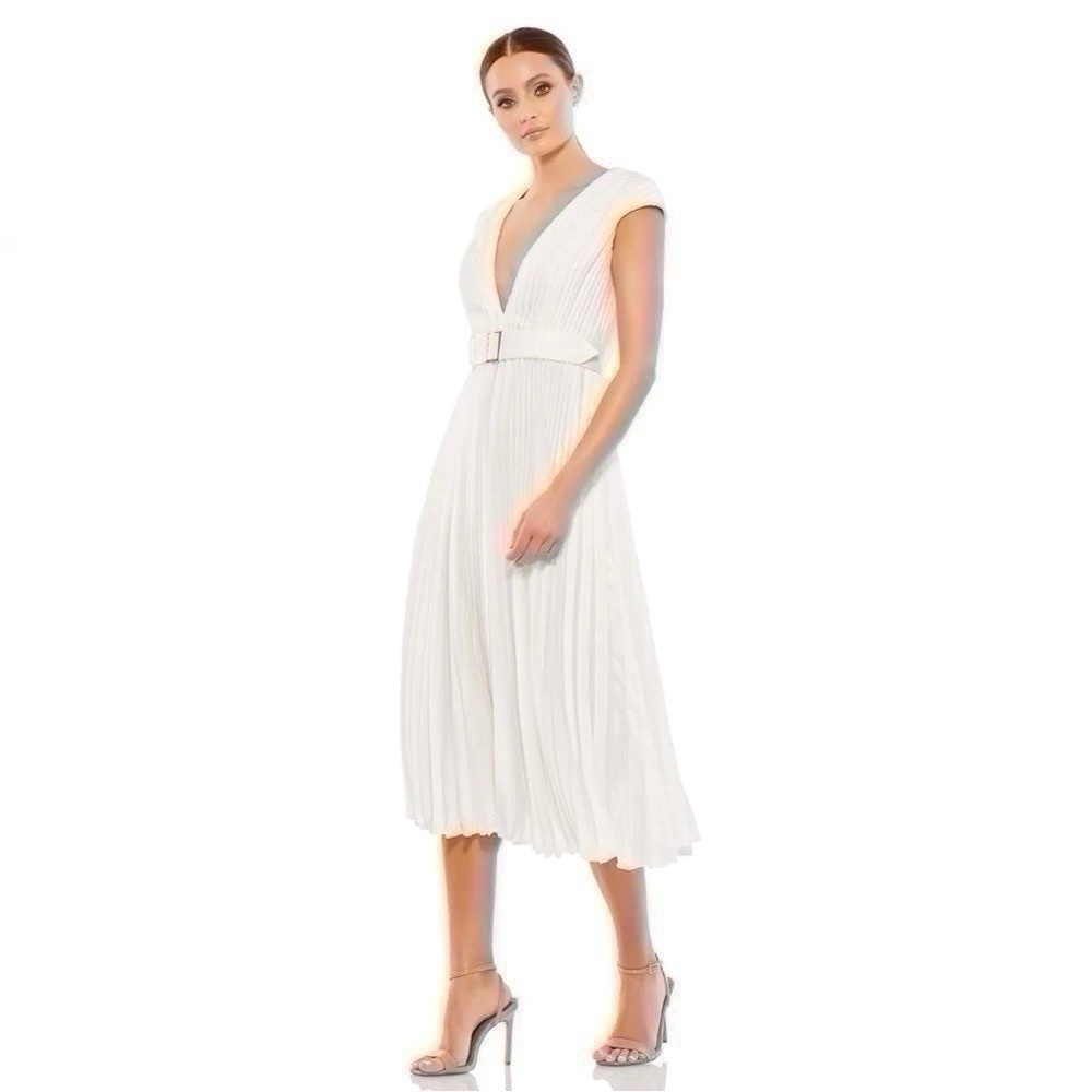 Mac Duggal Women’s Pleated Cap Sleeve Belted A-line Midi Dress Gown Whiteb